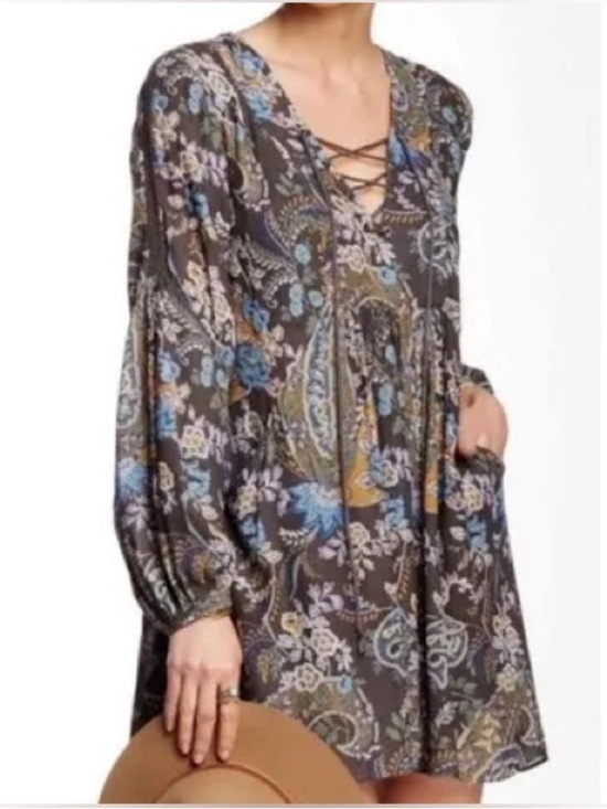 Free People Dresses & Skirts - Free People Charcoal Floral Paisley Lace-Up Mini Dress